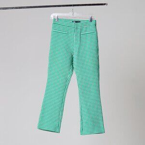 Green Gingham Flared Cropped Pants